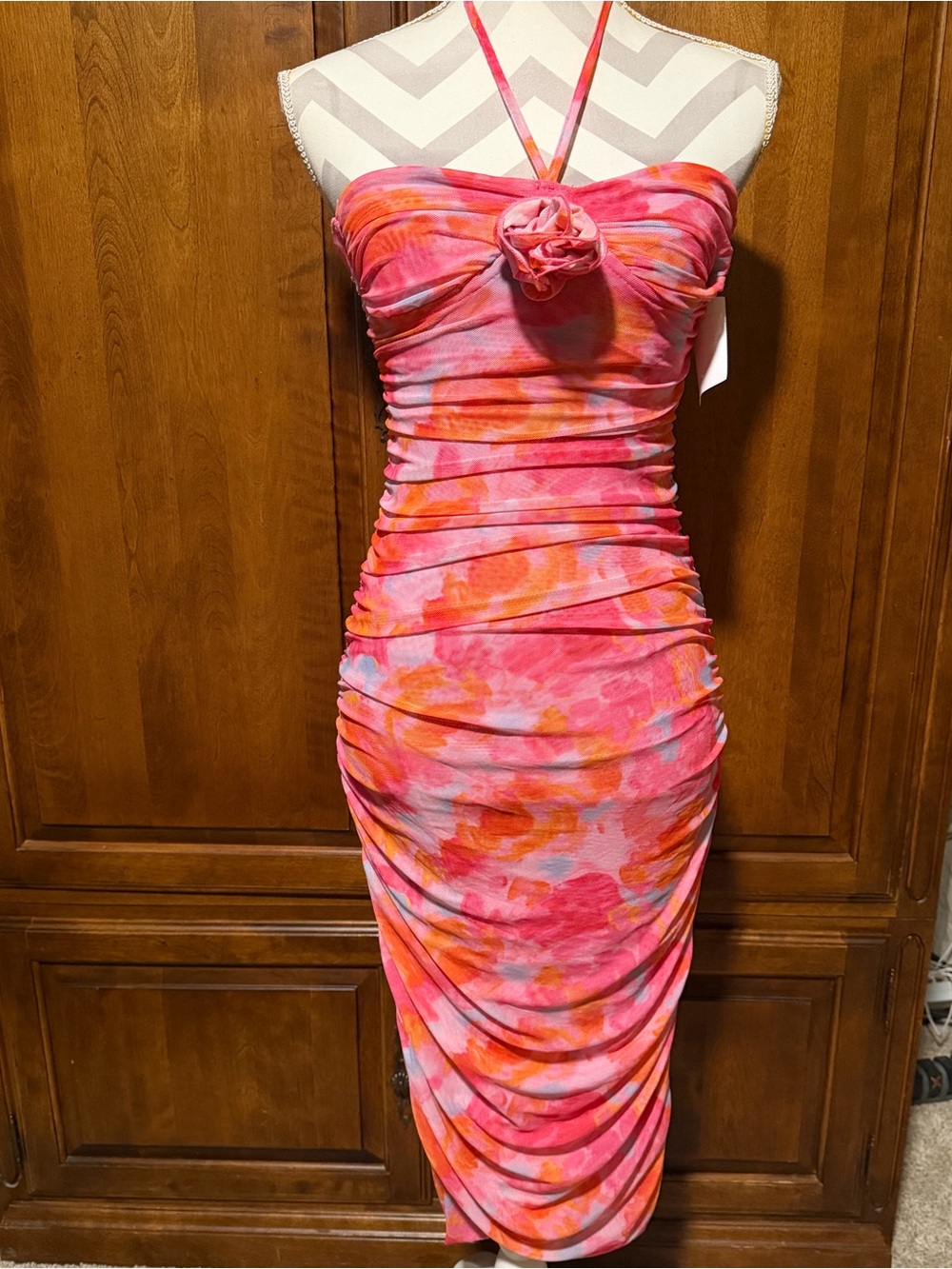 Avantlook Pink and Orange Ruched Halter Midi Dress